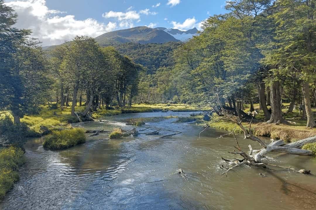 Rios de deshielo en la ciudad de Ushuaia de fondo montañas nevadas.